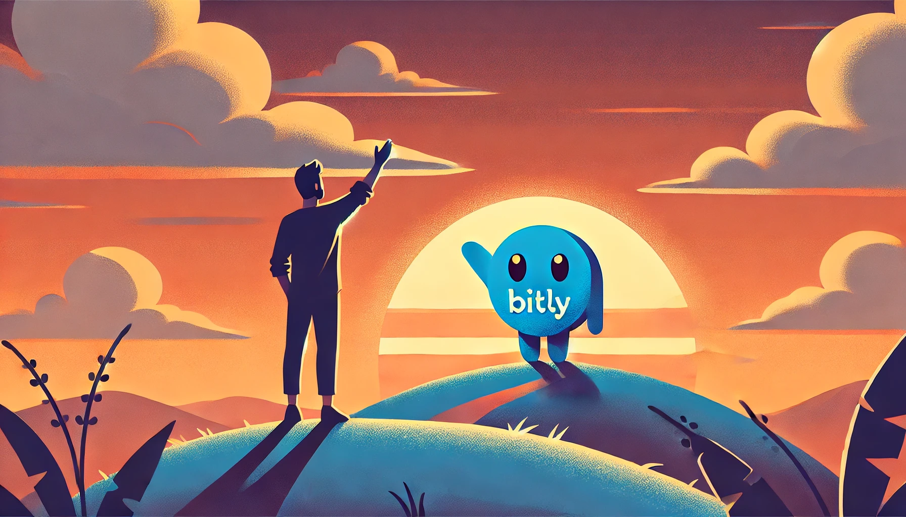 Cartoon charachter waving goodbye to bitly on a sunset